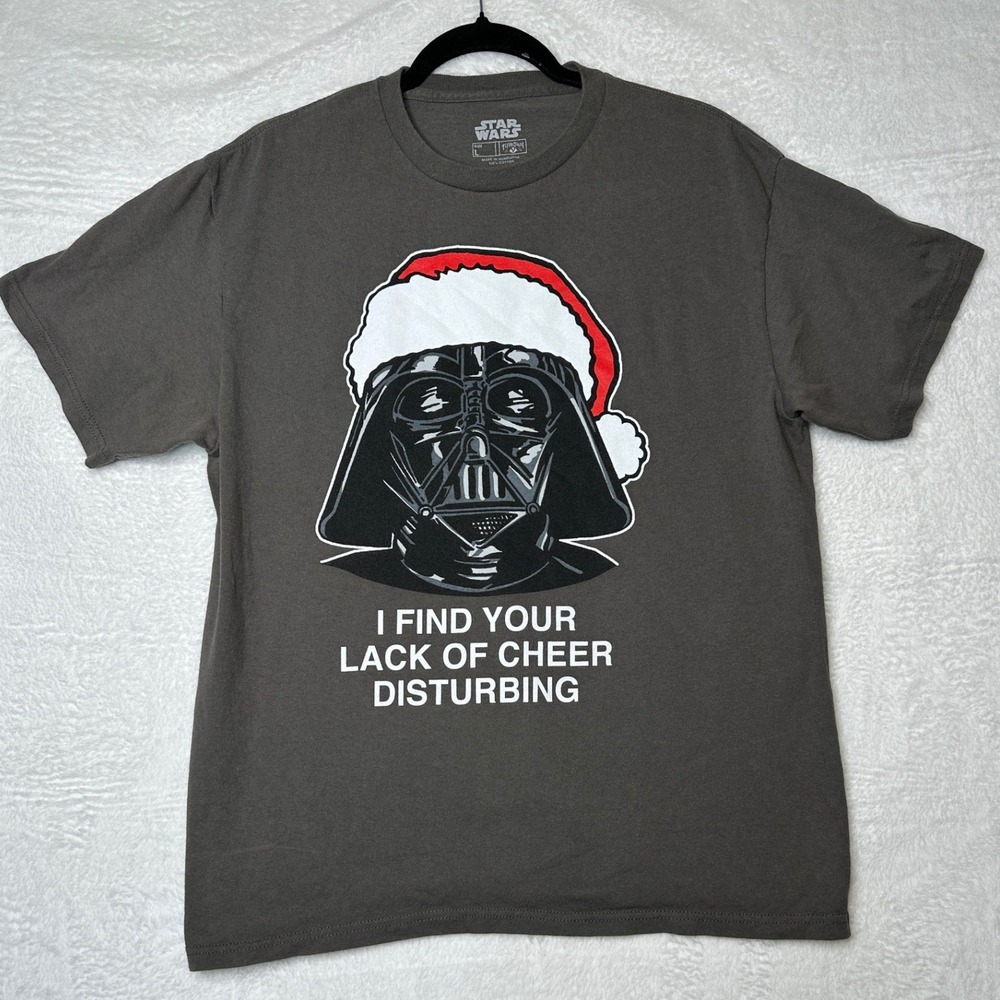 Star Wars Darth Vader Christmas T-Shirt Mens L Gray Santa Hat Lack Of Cheer